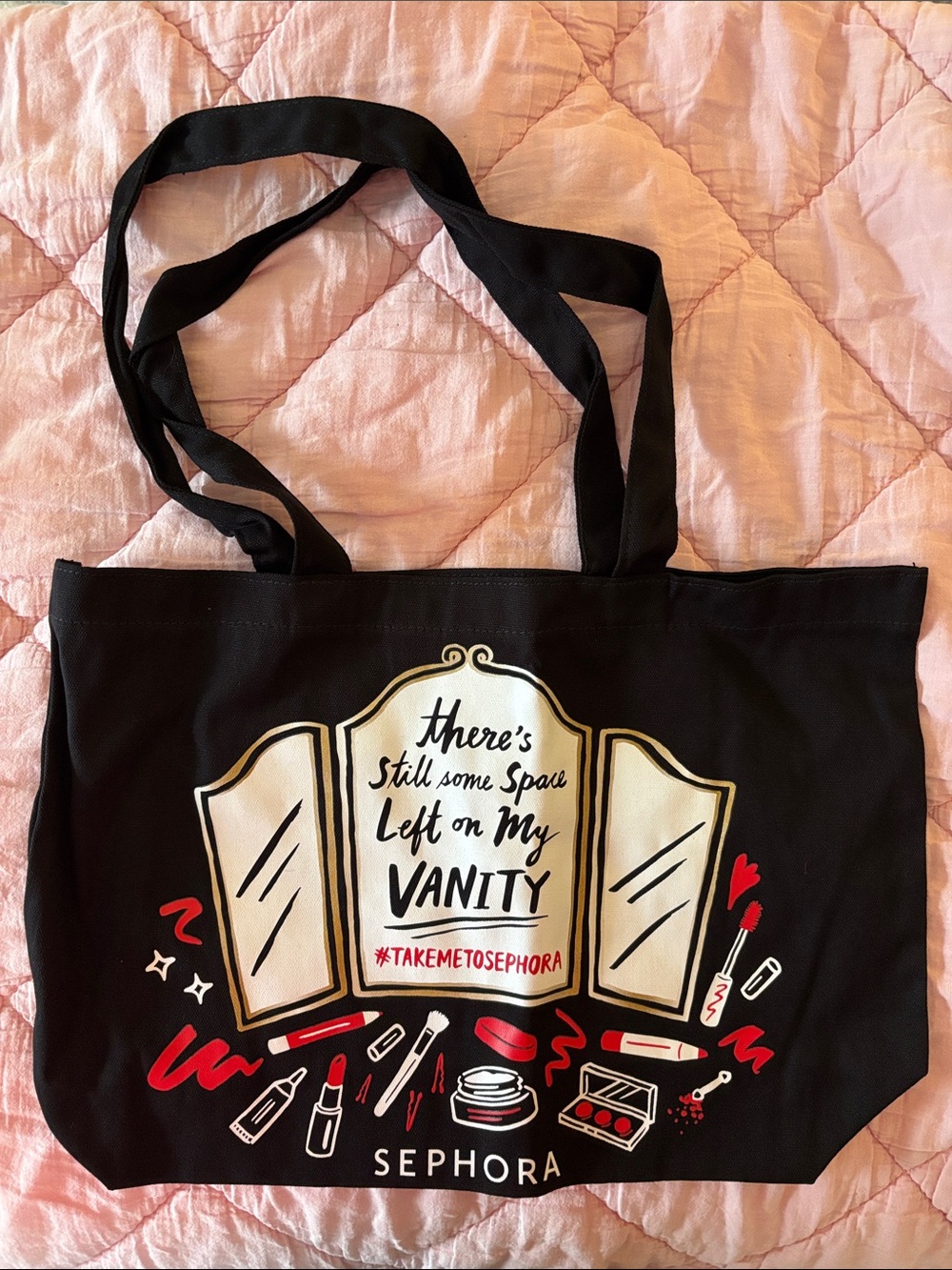Never worn. Sephora Black Tote with Vanity Mirror and Red Accent Makeup Print